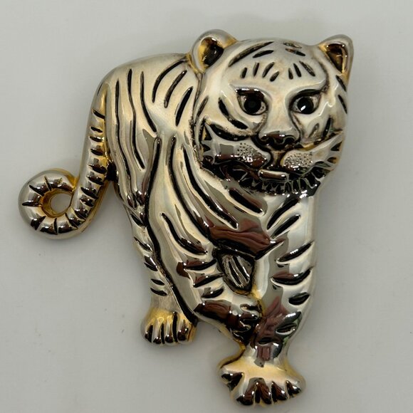 Vintage Silver-tone Tiger Brooch Gold-Tone Accents Mirror Finish Animal Zoo - Picture 2 of 13